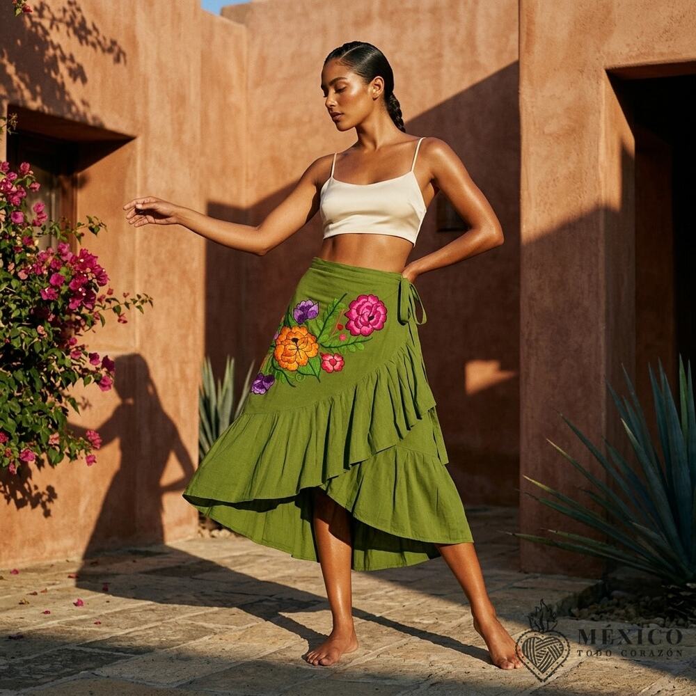 Mexican wrap skirt with embroidery ruffled detail fits xsmall to xlarge salmon